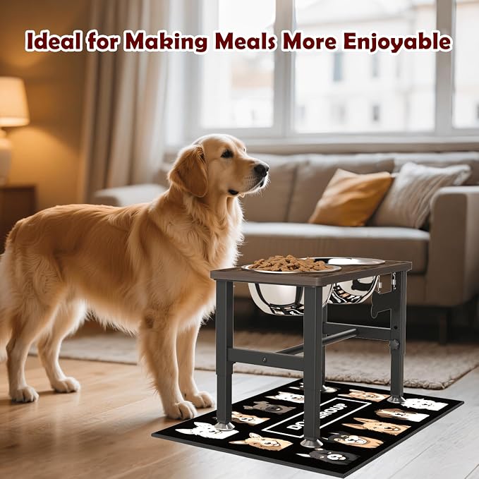 SHAINFUN Elevated Dog Bowls with Slow Feeder & Mat for Medium and Large Dogs, 12" Tall Adjustable Wooden & Metal Raised Dog Bowl Stand, 2 Stainless Steel 58oz Bowls for Food & Water