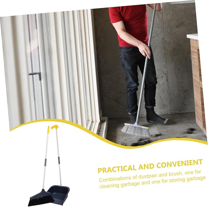 VOSAREA Broom and Dustpan Set, Heavy Duty Dust Pan and Broom with Long Handle, Standing Dustpan Set Household Floor Cleaning Tools for Home Kitchen Indoor Sweeping Blue