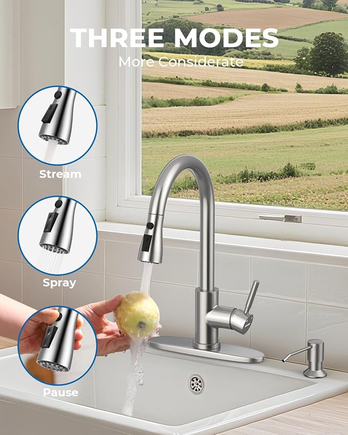 WEWE Touchless Kitchen Sink Faucet with Soap Dispenser, Single Handle Kitchen Faucets with Pull Down Sprayer Smart Motion Sensor Stainless Steel, Brushed Nickel