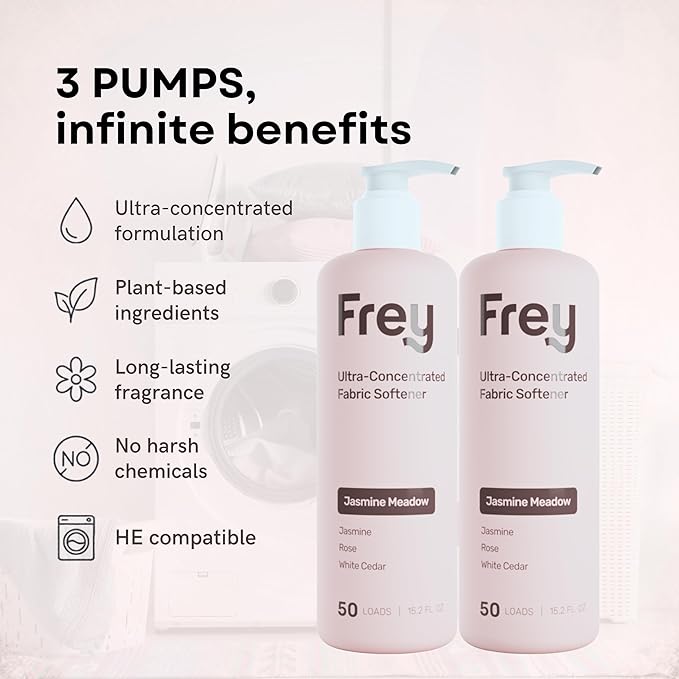 FREY Natural Liquid Fabric Softener and Conditioner | HE Laundry Softener for All Machines | Plant-Powered Eco Friendly Formula | 2-Pack, Jasmine Rose