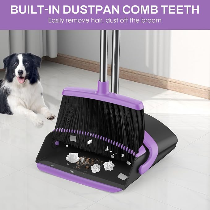 Broom and Dustpan Set for Home, 51-in Long Adjustable Handle Angle Broom and Dustpan Combo Set with Dust Pan Teeth to Clean Hair for Home Kitchen Office Lobby Floor Garden (Black&Purple)
