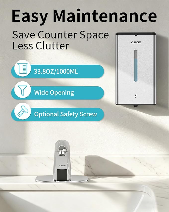 AIKE Heavy Duty Automatic Soap Dispenser,33.8oz for Bathroom,Brushed Steel | 5-Level and Savety Key for Commercial(4*AA Batteries Not Included),Screw Wall Mount for Space-Saving,Stainless Steel AK1207