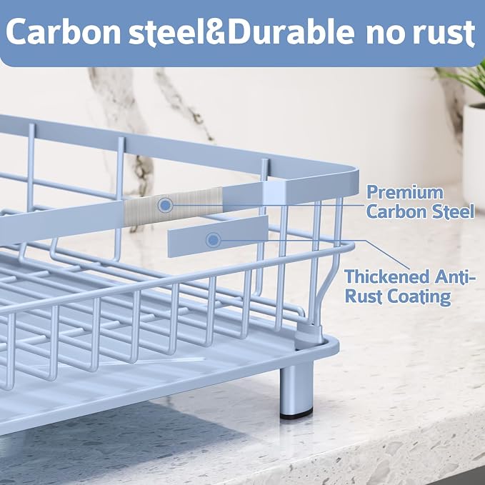 Dish Drying Rack for Kitchen Counter,12.8" W x 16.9" L,Blue | Space Saving Dish Rack, Self-Draining Drainboard, Rustproof Dish Drainer, Removable Utensil Holder