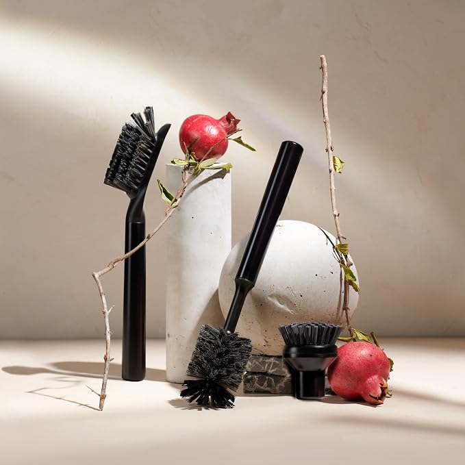 Curio Home Goods Ionic Brush Set, Magnetized to Stand Upright, Stainless Steel with Replaceable Heads, Onyx/Black