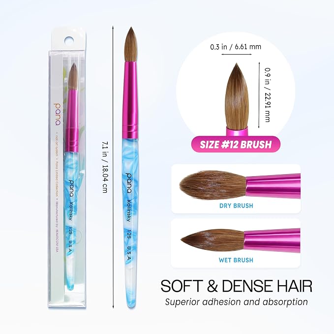 PANA USA Acrylic Nail Brush Pure Kolinsky Hair Acrylic White Swirl Blue Handle with Pink Ferrule Round Shaped - Size 12