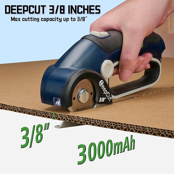 ZEITE Deepcut 3/8" Electric Cardboard Cutter,Cordless Scissors with LED Light,Storage Box,Rechargeable Powerful Rotary Box Cutter with 2 Blades for Thick Cardboard, Fabric, Carpet, Leather