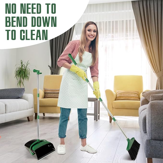 Broom and Dustpan Set with Long Handle, Light Weight Stainless Steel Poles Stand Upright Dustpans with Broom Combo for Home Kitchen Office Pet Dog Hair, 1-Pack(Black Green)