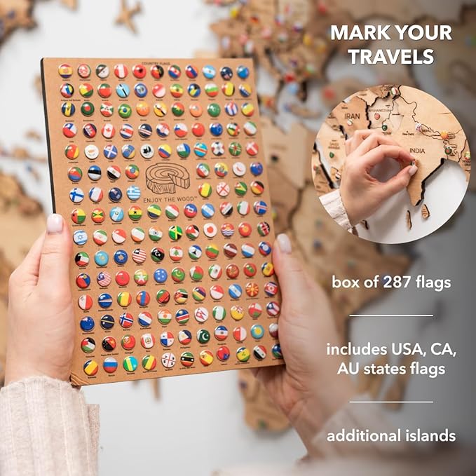 ENJOY THE WOOD 3D Wood World Map Wall Art Large Wood Wall Décor Housewarming Gift Idea Art World Travel Map For Home & Kitchen or Office (Light, Medium)