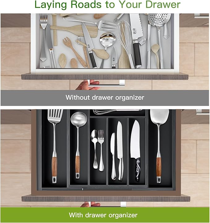 Pipishell Bamboo Expandable Drawer Organizer for Utensils Holder, Adjustable Cutlery Tray, Wood Drawer Dividers Organizer for Silverware, Flatware, Knives in Kitchen, Bedroom, Living Room (Black)
