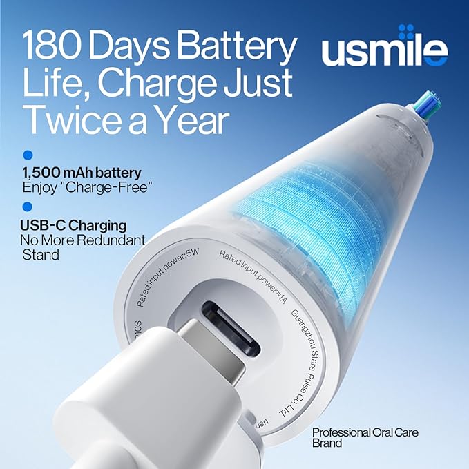 usmile P10S Sonic Electric Toothbrush – 3 Modes Deep Clean & Whitening, 180-Day Battery Life, Cushioned Gum-Care Brush Head for Sensitive Teeth, Smart Timer, 2 Brush Heads (White)