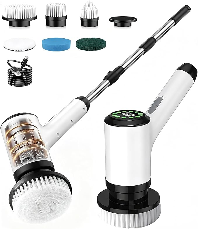 Cordless Electric Spin Scrubber, 6 Brush Heads, Long Handle | Power scrubber, adjustable long handle, IPX7 rated body, lightweight grip, bathroom, kitchen, tile, grout, tub, shower, floor