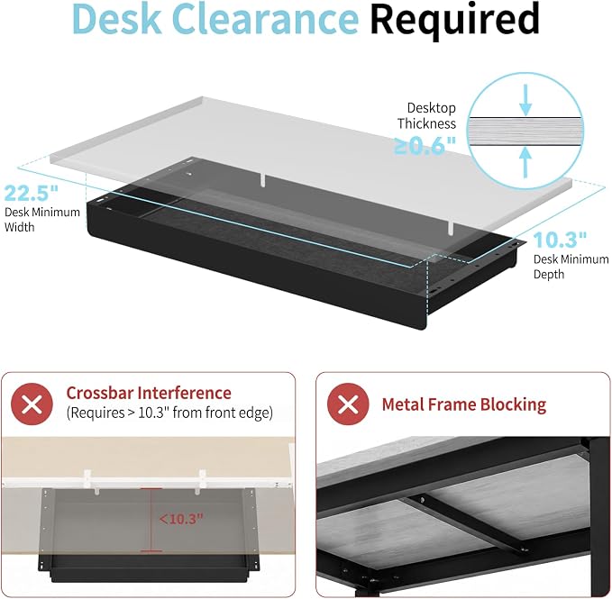 Under Desk Drawer,20.1 inch Carbon Steel Slide-Out Under Table Storage Organizer With Full Extension Ball-Bearing Slides,Undermount Drawer For Standing Desk & Home Office,Black