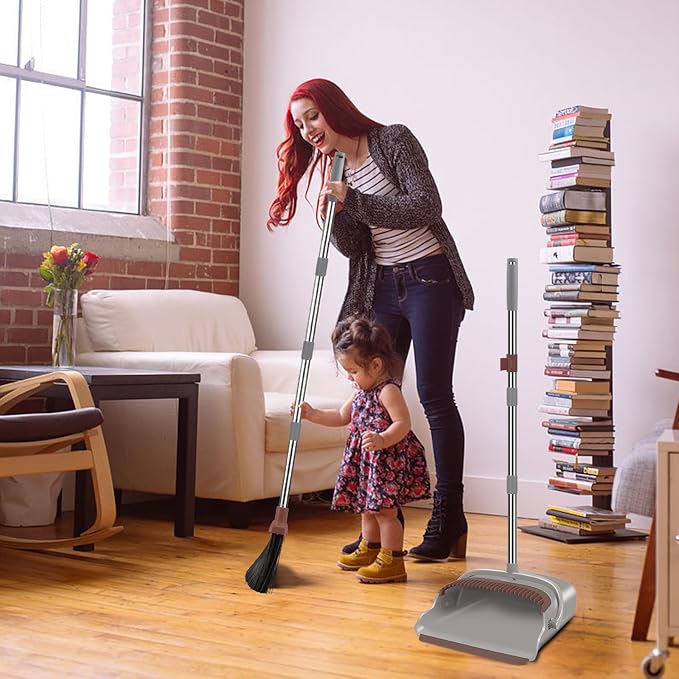 Upgrade Broom and Dustpan Set, Self-Cleaning with Dustpan Teeth, Ideal for Dog Cat Pets Home Use, Super Long Handle Upright Stand Up Broom and Dustpan Set (Brown)