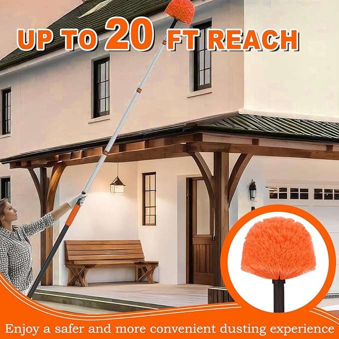 SISUPASSIE 20FT Reach Cobweb Duster with Extension Pole, High Ceiling Long Duster with 3-12FT Telescoping Pole, Spider Web Brush for Indoor Outdoor Use