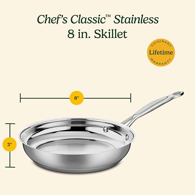 Cuisinart 8-Inch Open Skillet, Stainless Steel Skillet, Large Kitchen Pan, Dishwasher Safe, Compatible with Induction, Electric, Gas Cooktops, Oven Safe Saucepan, Cool Grip Handles