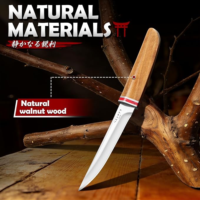 DRGSKL Utility Fixed Blade Knife - Handcrafted Japanese Knife with Sheath | D2 Steel, Premium Natural Walnut Wood Handle & Sheath, Gift Box, Red Marble Texture Decoration