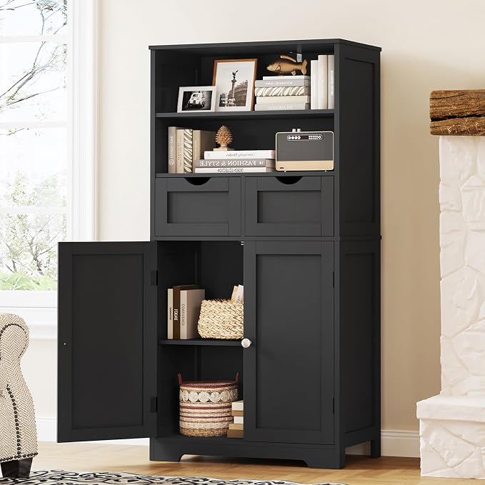 Iwell Tall Storage Cabinet, Black Storage Cabinet & Adjustable Shelves, Bathroom Cabinet for Living Room, Dining Room, Entryway, Black