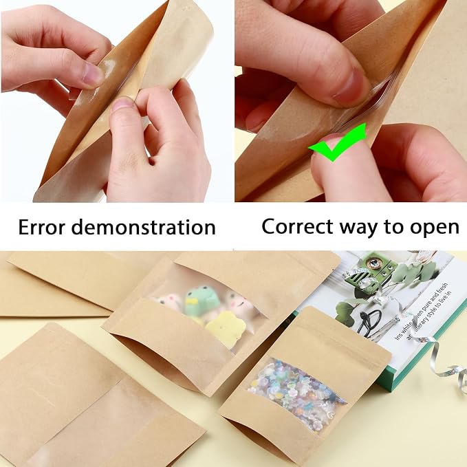 300 Kraft Mylar Bags for Food Storage 5X8 Mylar Bags with Window Candy Packaging Resealable Bags Reclosable Small Stand Up Pouches Edible Packaging, Kraft Paper Bags for Small Business