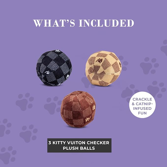 Haute Diggity Kitty Vuiton Checker Balls Set, Plush Cat Toys Catnip Filled with Interactive Crackle Sound, Safe & Durable Toys for Cat & Kitten, 3 Pcs