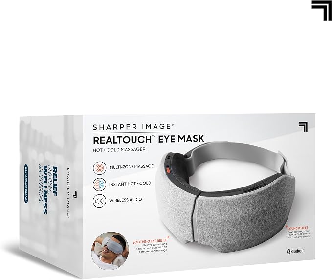 Sharper Image® RealTouch™ Eye Mask, Hot + Cold Massager, Air Compression, Puffy Under Eye Aid, Bluetooth Music, USB-C Rechargeable, Headache Stress & Anxiety Relief, Relaxation & Comfort Travel Gift