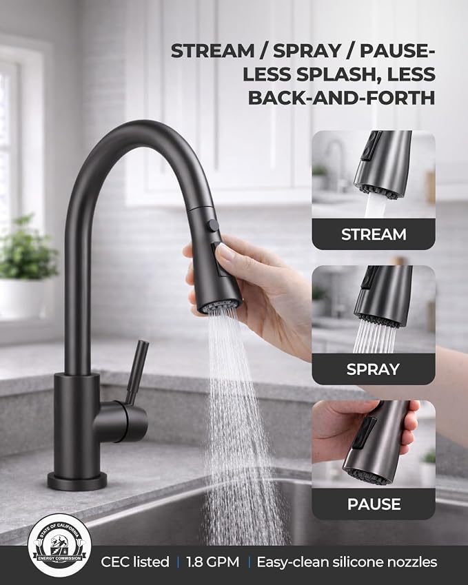 WEWE Kitchen Faucets with Pull Down Sprayer, Stainless Steel Single Handle 1 Hole for Family Kitchen Commercial Camper Laundry Rv Bar, Matte Gray
