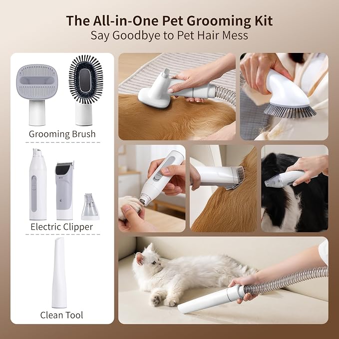 Dog Grooming Vacuum, 12000Pa Powerful with 1.5L Cup 7 in 1 Pet Electric Grooming Vacuum for with Hair Clipper & Shedding Brush, Low Noise, 3 Suction Levels for Thick Hair Cats & Dogs