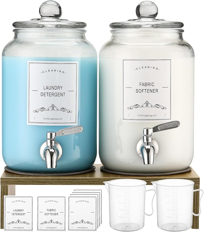 2-Pack Glass Laundry Detergent Dispenser with Stand, 106oz Leak-Proof Glass Fabric Softener Dispenser- Laundry Soap Dispenser-Reusable Container for Kitchen & Bathroom Storage