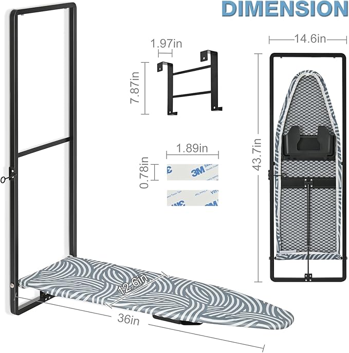 KINGBOARD Over Door Ironing Board, Hanging Ironing Board with Iron Holder, 36" X 12" Compact Fold Down Iron Board for Small Spaces, Removable Heat Resistant Cover, Blue