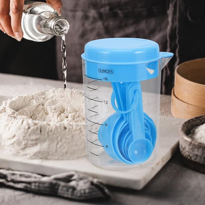 Measuring Cups and Spoons Set 2 Sets 500ml and Dry Measuring Cups Measure Spoons Kitchen Gadgets for Cooking Baking Sky-Blue(Color:Sky-Blue) (Sky blue)