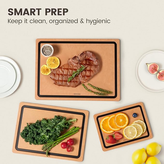 Kikcoin Wood Cutting Board Set of 3, Cutting Boards for Kitchen with Holder Dishwasher Safe Non-slip Chopping Board with Juice Groove, Wood Fiber Composite Cutting Boards