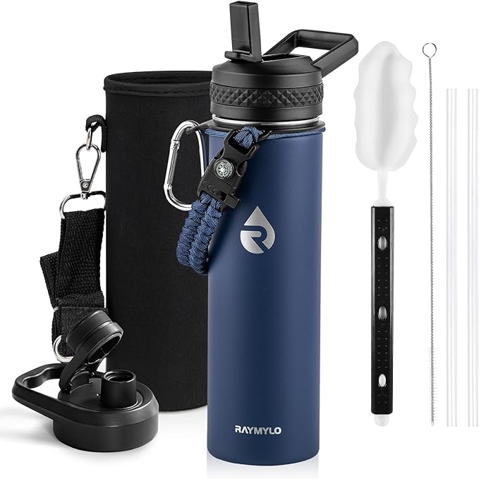 RAYMYLO Insulated Water Bottle 20 oz, Triple Wall Vacuum Stainless Steel (Cold for 24Hrs, Hot for 12Hrs), Leak Proof & Non-BPA, Modern Water Bottle Jug for School with Straw Spout Lids