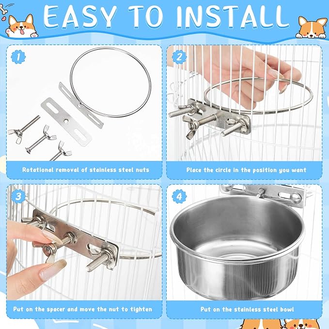 Silkfly 14 Pack Stainless Steel Hanging Dog Crate Bowls, Non-Spill Kennel Food & Water Bowls with Screw Clamp Holders, Removable, Easy to Clean Metal Cage Feeder for Pets(19 oz)
