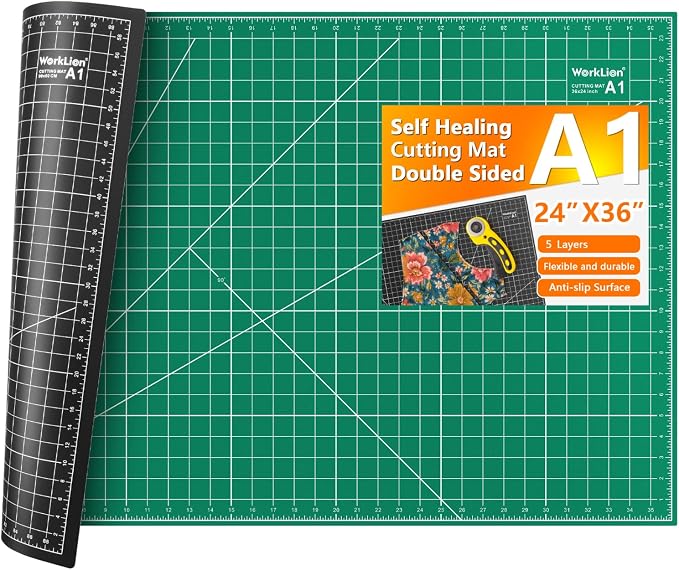 WORKLION Self Healing Cutting Mat: 24 x 36 inch Large Double Sided 5-Layer Gridded PVC Cut Mat for Sewing & Quilting & Scrapbooking & Arts and Crafts Projects (Green/Black)…