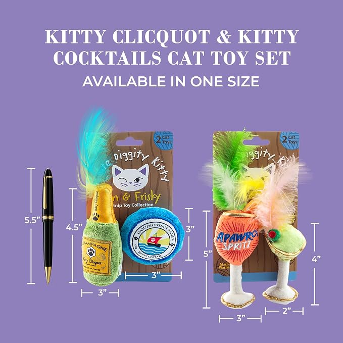 Haute Diggity Kitty Clicquot Champagne & Caviar + Kitty Cocktails Apawrol Spritz & Cattini Set, Plush Cat Toys Catnip Filled with Interactive Crackle Sound, Safe, Durable Toys for Cat & Kitten, 4 Pcs