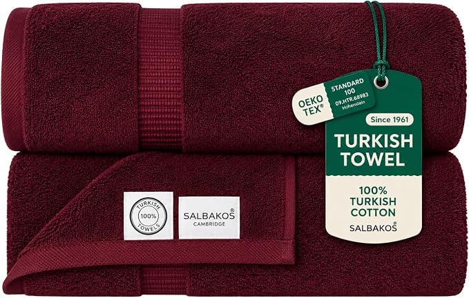 SALBAKOS 2-Piece 100% Turkish Cotton Bath Towels, Extra-Large 35x70, Wine | Oversized Bath Sheet Towel for Bathroom & Beach, Thick, Super Soft, Highly Absorbent, Premium Hotel Quality, Made in Turkey