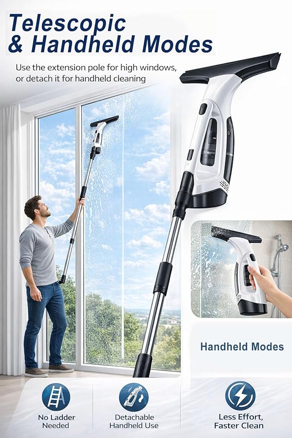 Window Vacuum Squeegee Cordless, Electric Window Cleaner Tool with 2000Pa Suction, 2200mAh Rechargeable Battery, 150mL Detachable Tank, 11-Inch Blade for Windows, Shower Doors, Mirrors
