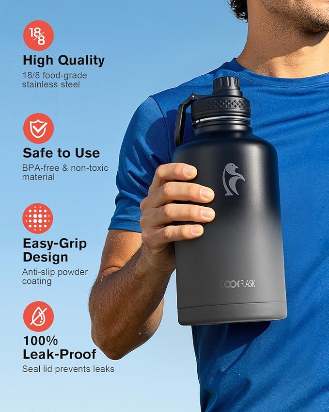 Half Gallon Insulated Water Bottle with Straw & 3 Lids, Coolflask 64 oz Water Jug Large Metal Stainless Steel Wide Mouth for Sports, Gym or Office, Non-BPA Keep Cold 48H Hot 24H, Piano Night