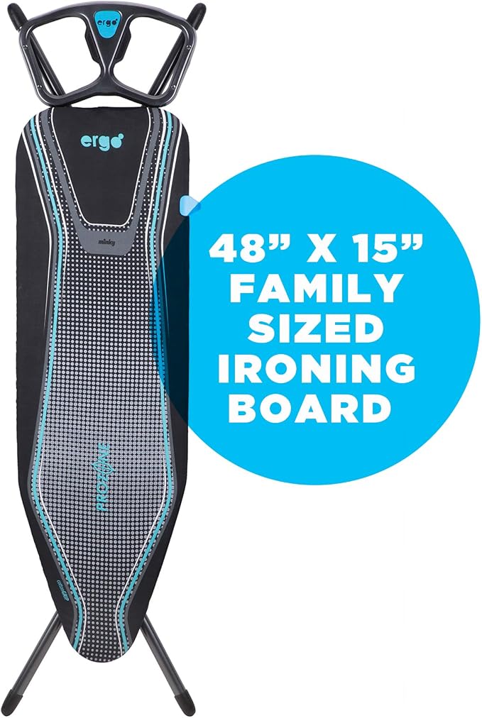 Minky Ergo Prozone Ironing Board | Made in UK | Dual Iron Rest, Heat Reflective Cover, Thick Felt Underlay - Freestanding Ironing Board with Large 48" x 15" Ironing Surface (Gunmetal and Blue)