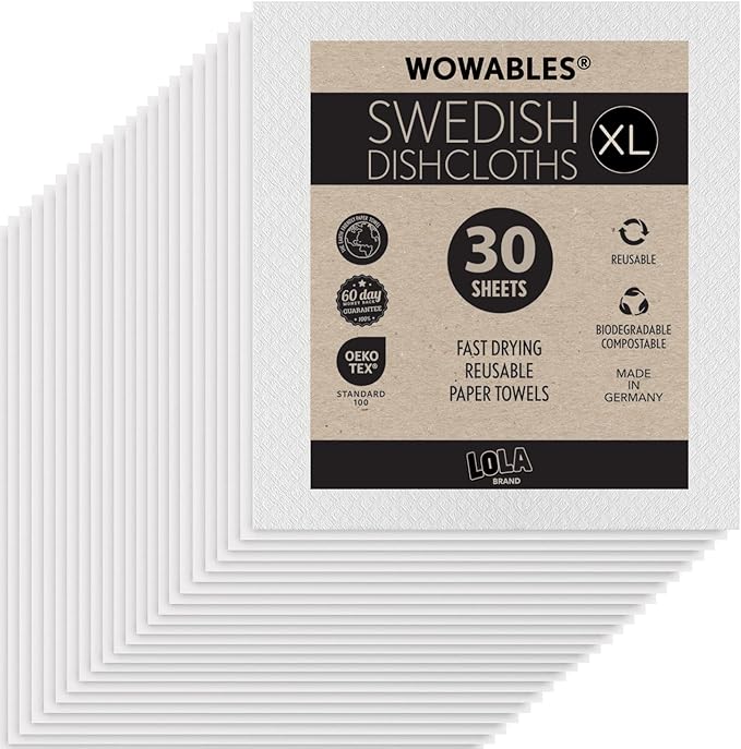 Swedish Dishcloths for Kitchen XL, 30 Sheet Roll, Biodegradable & Compostable, Reusable Paper Towel Cleaning Cloths, 11" x 10", No Odor, Washing Dishes, Ultra Absorbent Cellulose Sponge Towel, By LOLA
