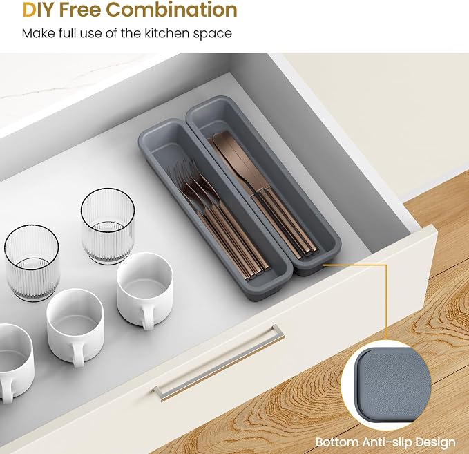 2 Pack Silicone Silverware Drawer Organizer, DIY Free Combination Kitchen Drawer Organizer, Utensil Organizer, Moisture-proof and Heat-resistant up to 200°C, Anti-slip Design (Grey)