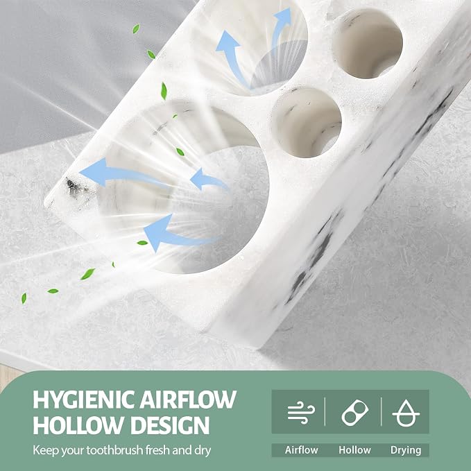 BCS Toothbrush Holder for Bathrooms, 6 Slots Open-Bottom Marble Toothbrush Organizer, Makeup Brush Stand Toothbrush Storage Collection for Bathroom Countertop Vanity Organization - Grigio Fantasy