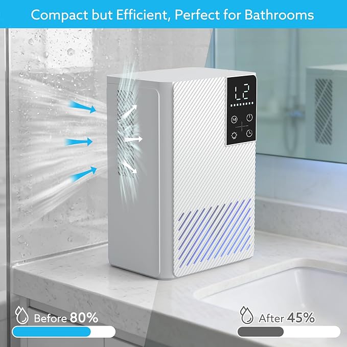 Dehumidifier 58W Compact Quiet Effective Double Cores for Home. 68OZ Water Tank, Sleep Mode, Auto Shut-Off, Delay-Off Timer, Night Light, for Bathroom Bedroom RV Camper Closet or any Small Space