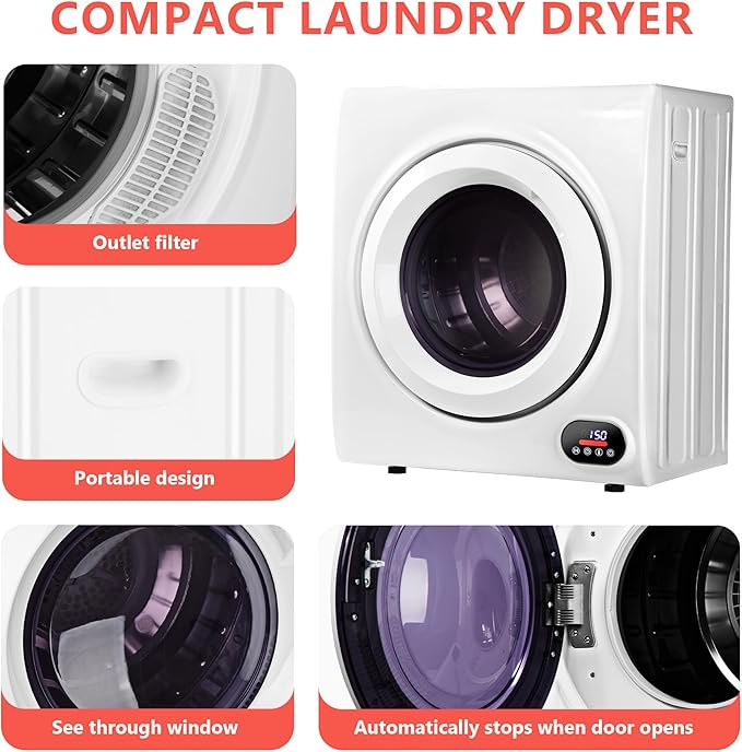 Euhomy Portable Dryer, 1400w, 2.65 Cu.Ft. Clothes Drying Machine with Exhaust Hose, Compact Dryer with Stainless Steel Drum, LCD Display, Suitable for Home, Apartment, RV