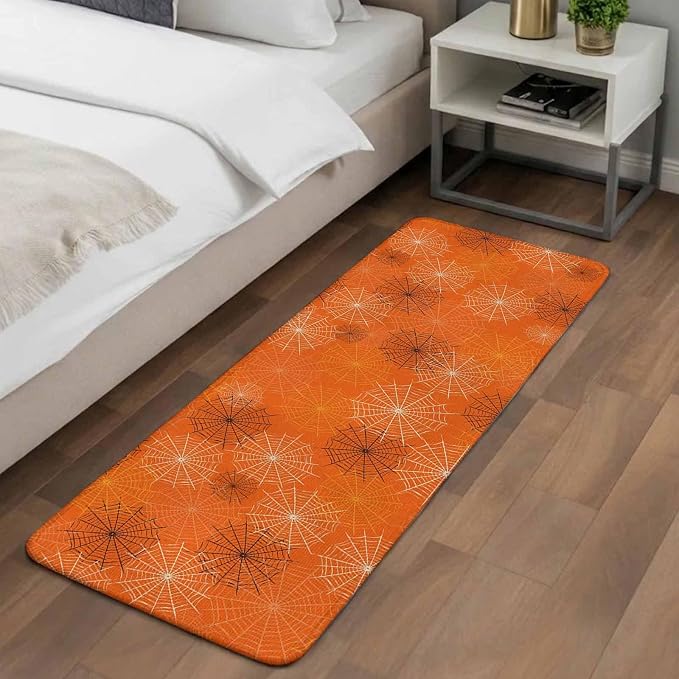 Orange Halloween Bathroom Runner Rugs Non Slip Washable Absorbent Narrow Long Bath Mat Black White Net Halloween Runner Rugs for Kitchen Hallway Bedroom Laundry Study Room 15.7"x47.2"