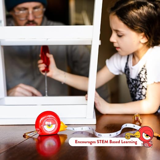 Handy Famm Kids Tape Measure – 8ft Red Bird Retractable Measuring Tape with Level & Protractor, STEM Montessori Tool, Toddler Safe, Gift for Boys & Girls Ages 3+