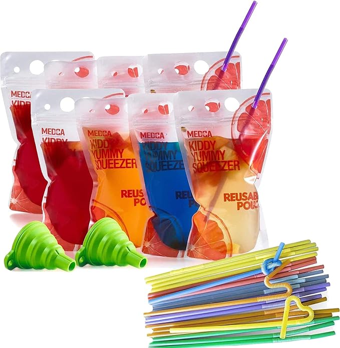 Reusable Drink Pouches - 200 Clear Drink Bags with 200 Straws - Double Zipper Reusable Smoothie Pouches Juice, Clear Zipper Pouch Storage Bags, Leak-Free and BPA Free