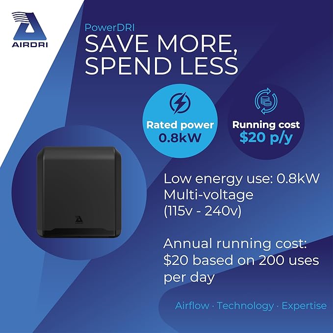 PowerDRI Automatic Hand Dryer - .8kW Low Energy Motor - 10-Second Dry Time - H13 HEPA Filter - 75dBA Noise Output - ADA Compliant - Ideal for High-Traffic Businesses and Venues - Black