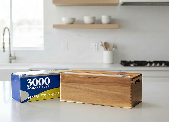 12" Acacia Wood Plastic Wrap and Foil Dispenser with Slide Cutter | Fits Costco Kirkland 3000ft Plastic Roll