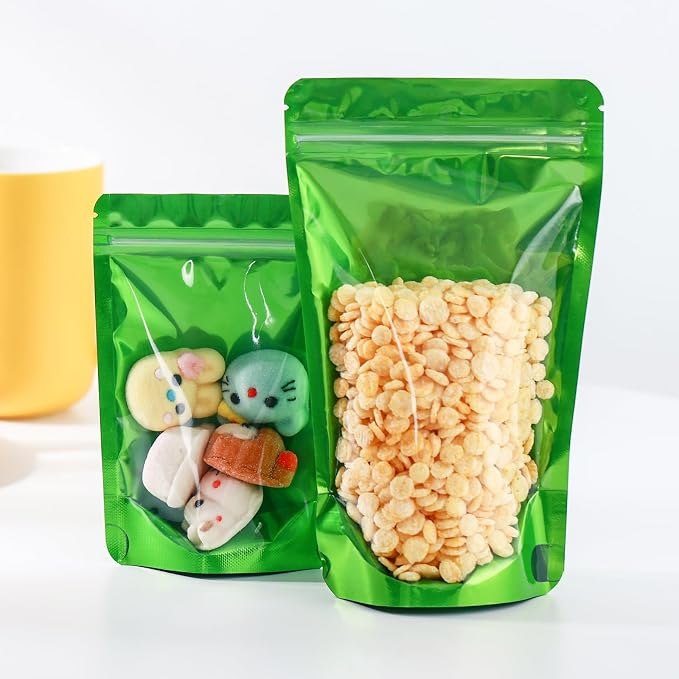 150 Pcs Mylar Bags for Food Storage, 5x8 Mylar Bag with Window Stand Up, Small Holographic Resealable Bags Smell Proof Bag Food Packaging for Small Business Freeze Dried Candy Jewelry Foil Packaging