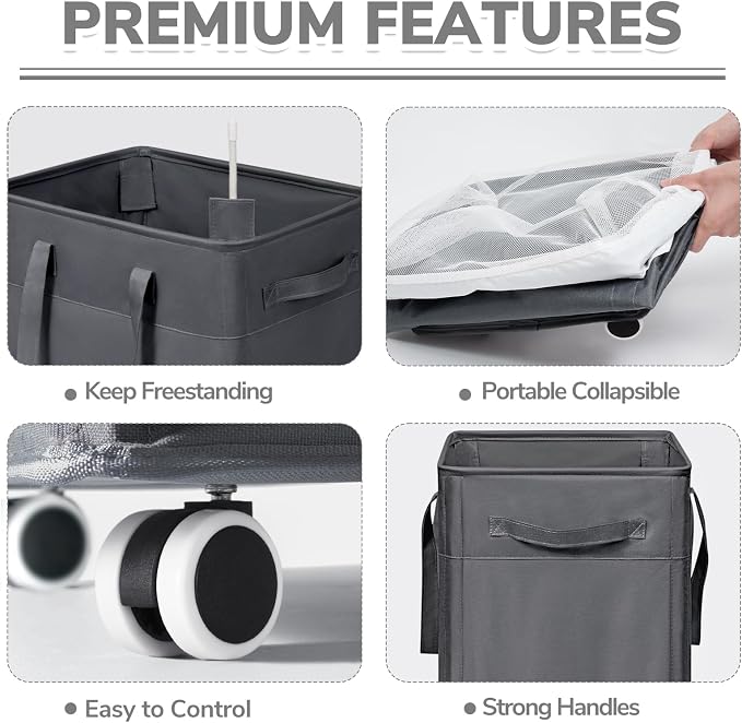 CHICVITA 100L Rolling Laundry Basket with Wheels, Large Collapsible Laundry Hamper with Removable Wash Bag Space for Corner Dorms, Grey